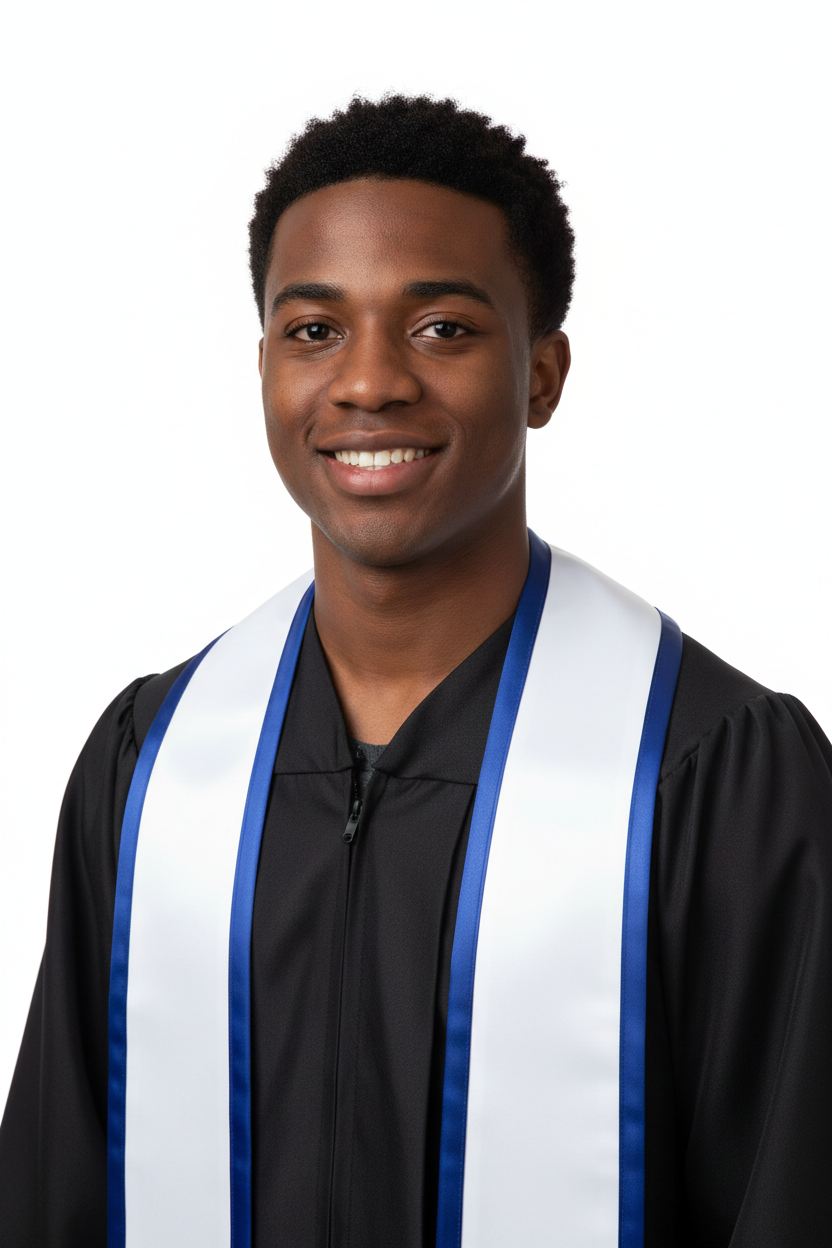White Slanted Graduation Stole with Royal Blue Trim model display