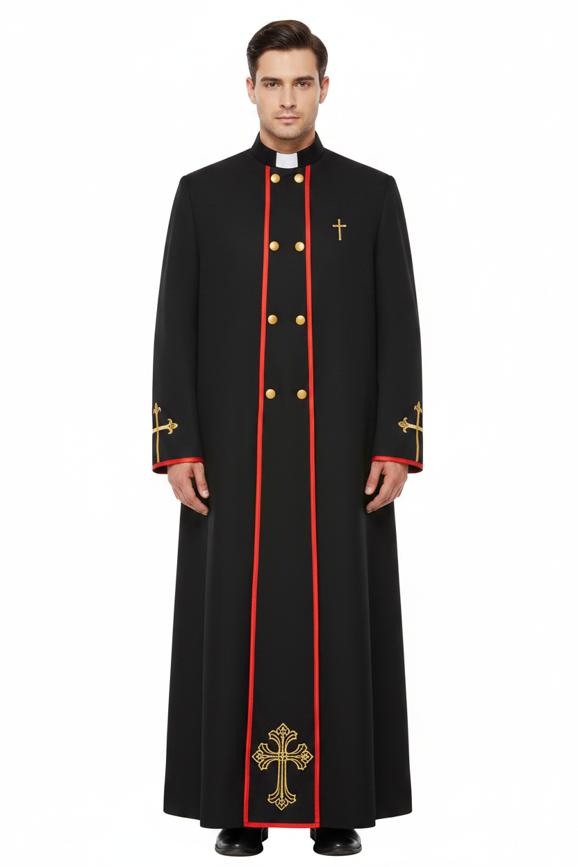Male model wearing black priest cassock with red piping and gold cross embroidery, full body front view, white background