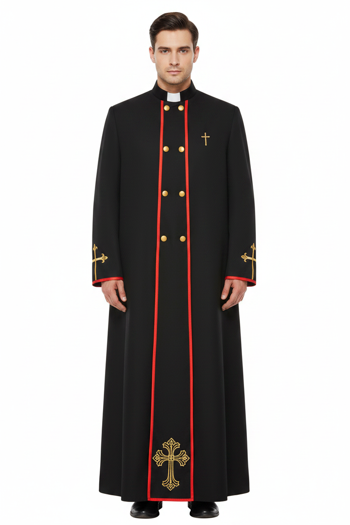 Male model wearing black priest cassock with red piping and gold cross embroidery, full body front view, white background