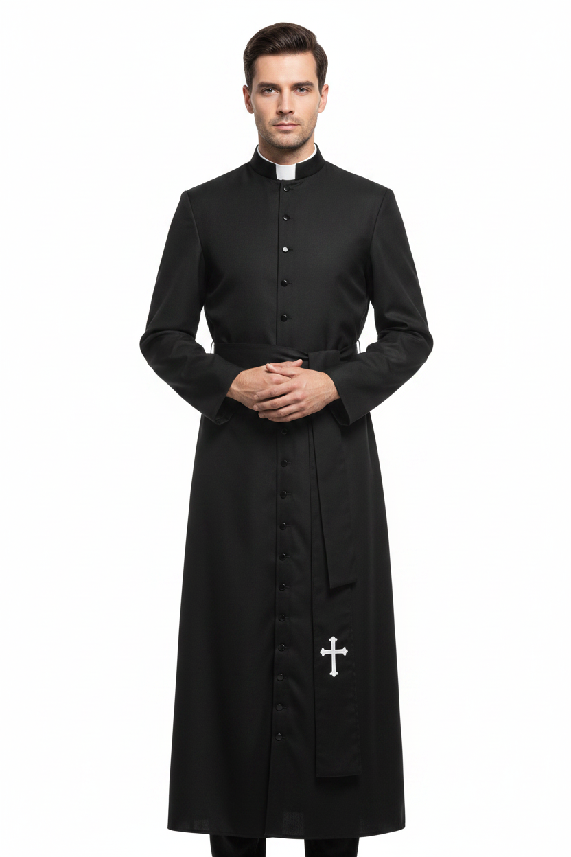 Male model wearing black Catholic cassock robe with white clerical collar and cross embroidery at hem, full body front view, white background