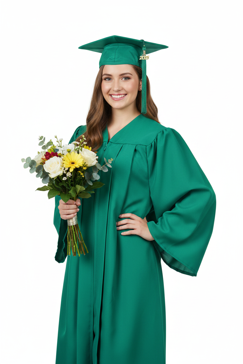 Matte Emerald Green High School Cap and Gown - Model Display