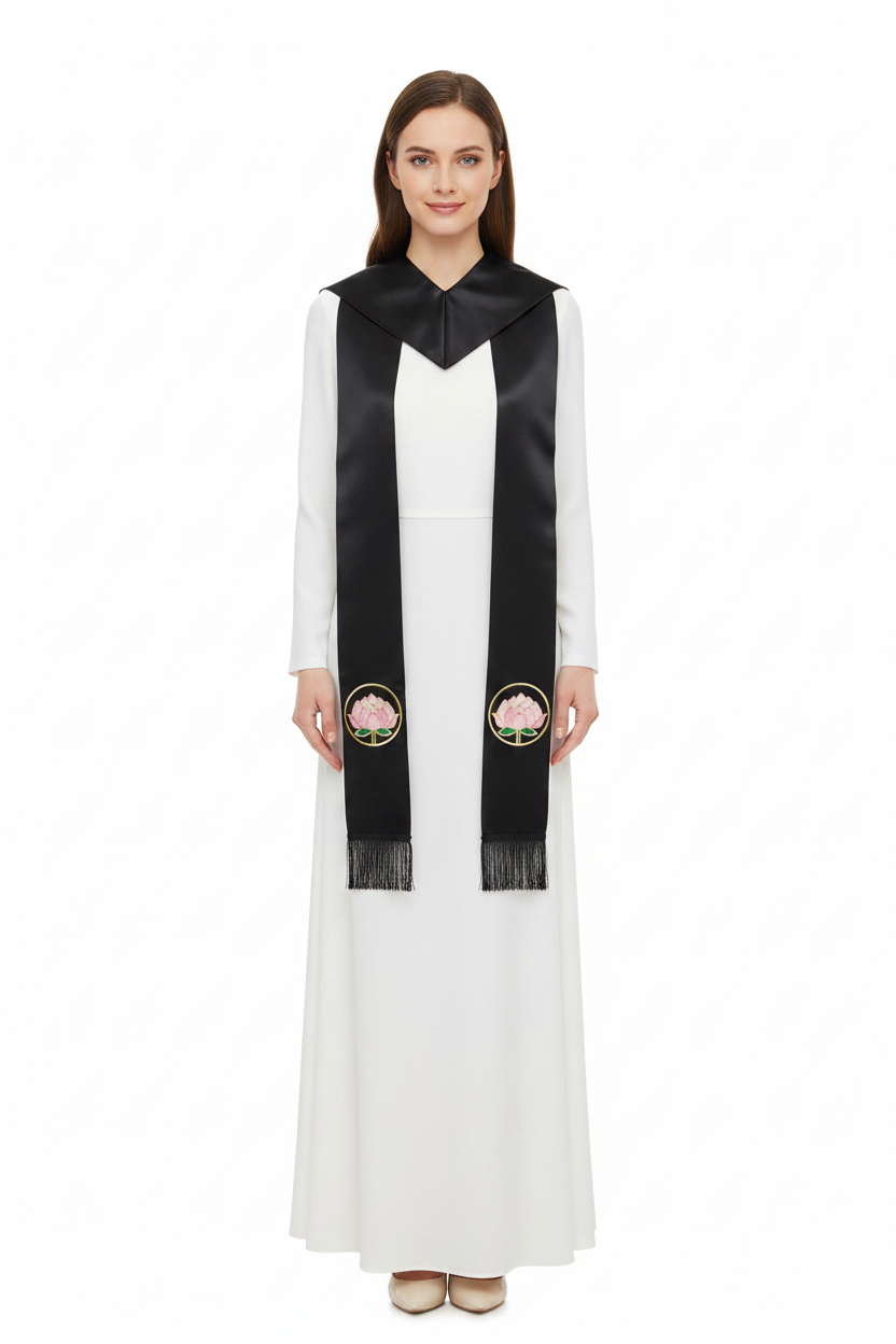 Female model wearing black satin clergy stole with lotus embroidery draped over shoulders, full body front view, white background