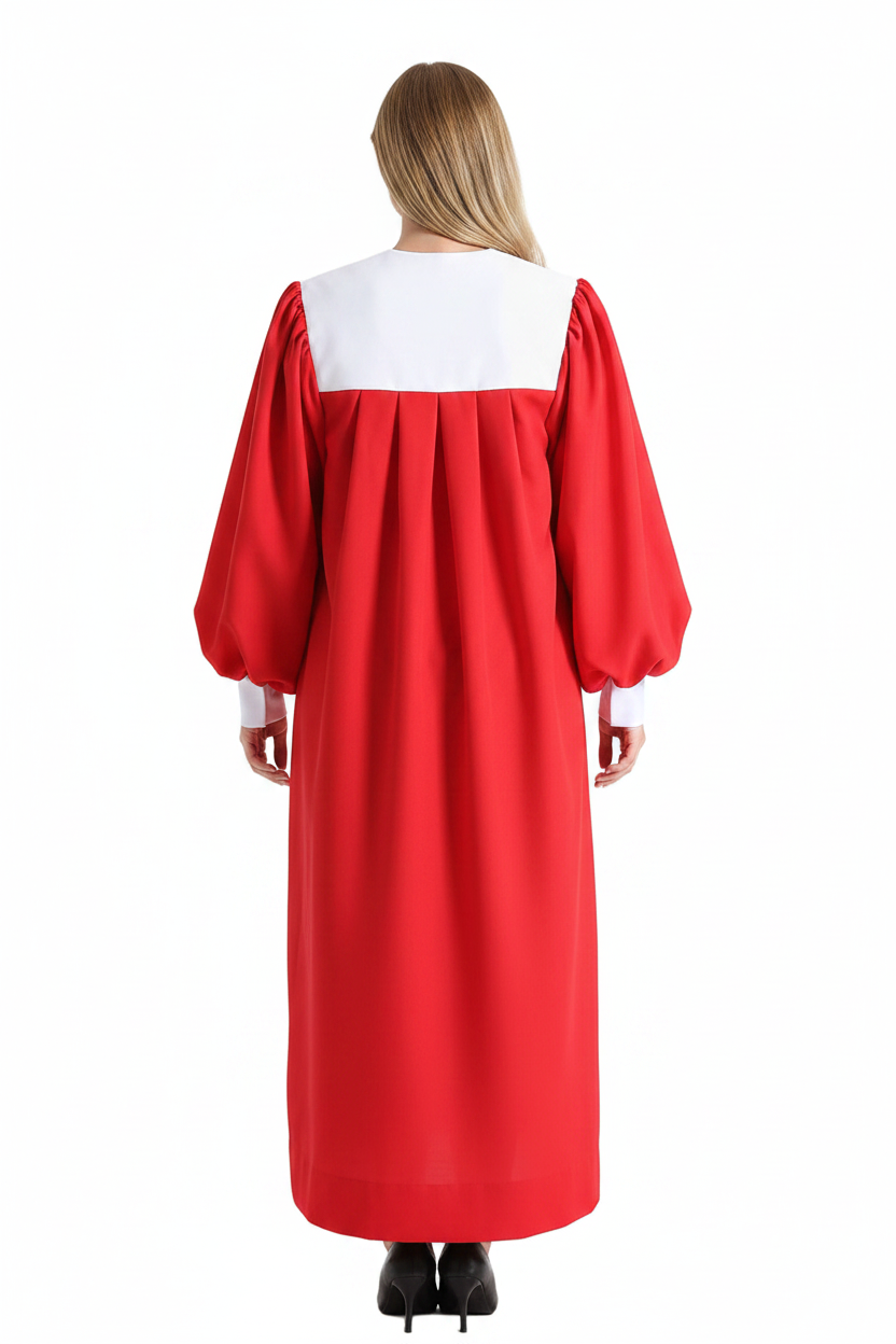 Female model wearing red choir robe with white square yoke back panel and bishop puff sleeves, full body back view, white background