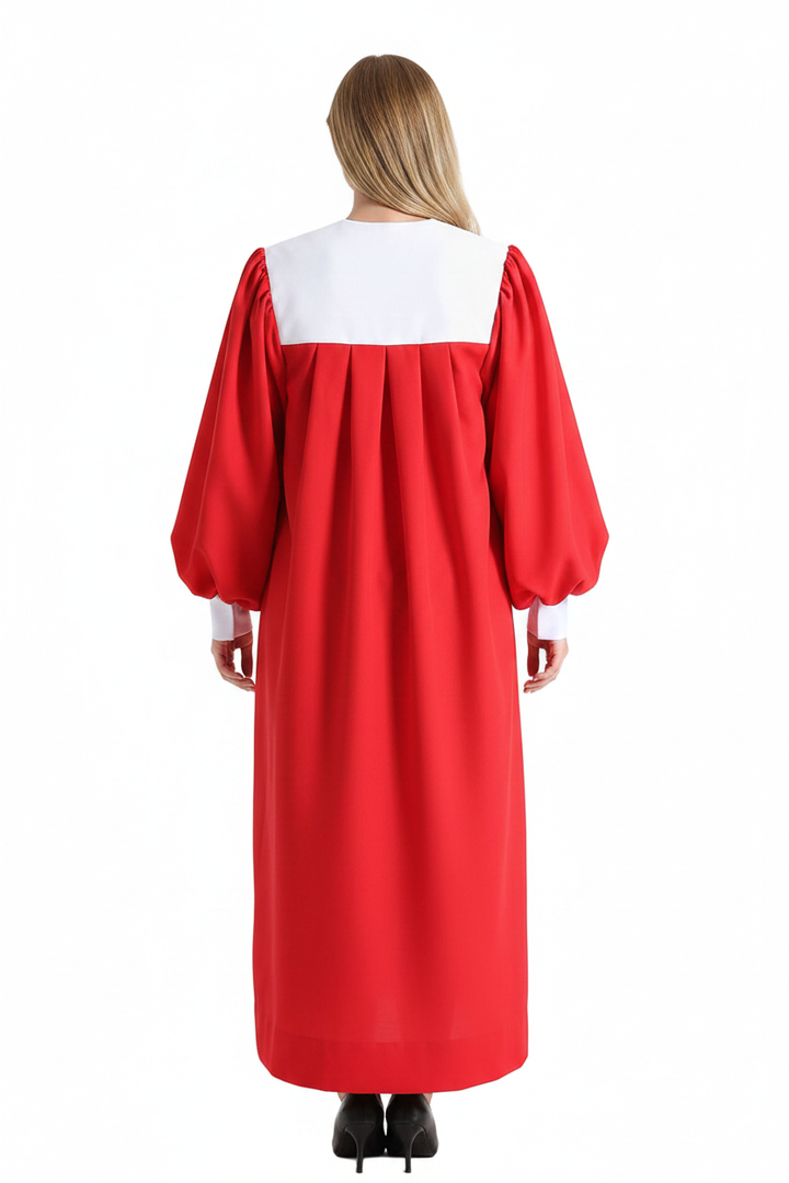 Female model wearing red choir robe with white square yoke back panel and bishop puff sleeves, full body back view, white background