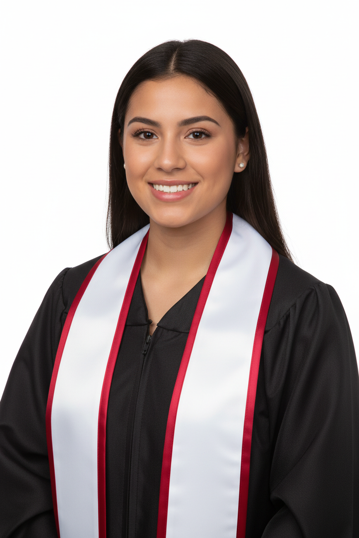 White Pointed Graduation Stole with Red Trim model display