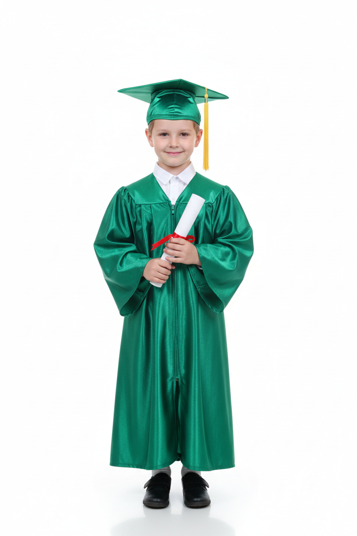 Shiny Emerald Green Elementary Gown - Model Shot