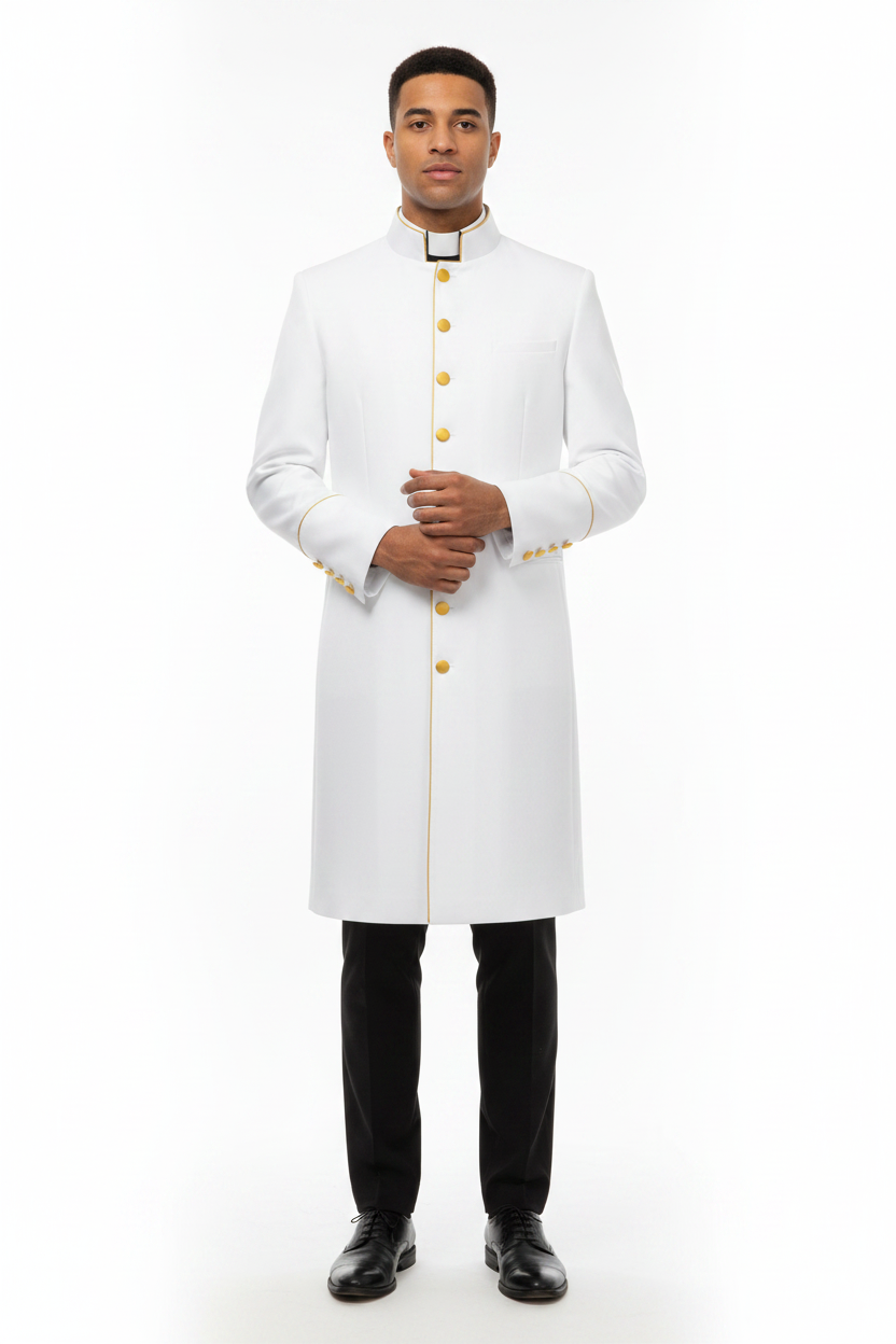 Male model wearing white clergy frock coat with gold trim and cuff buttons, full body front view, white background