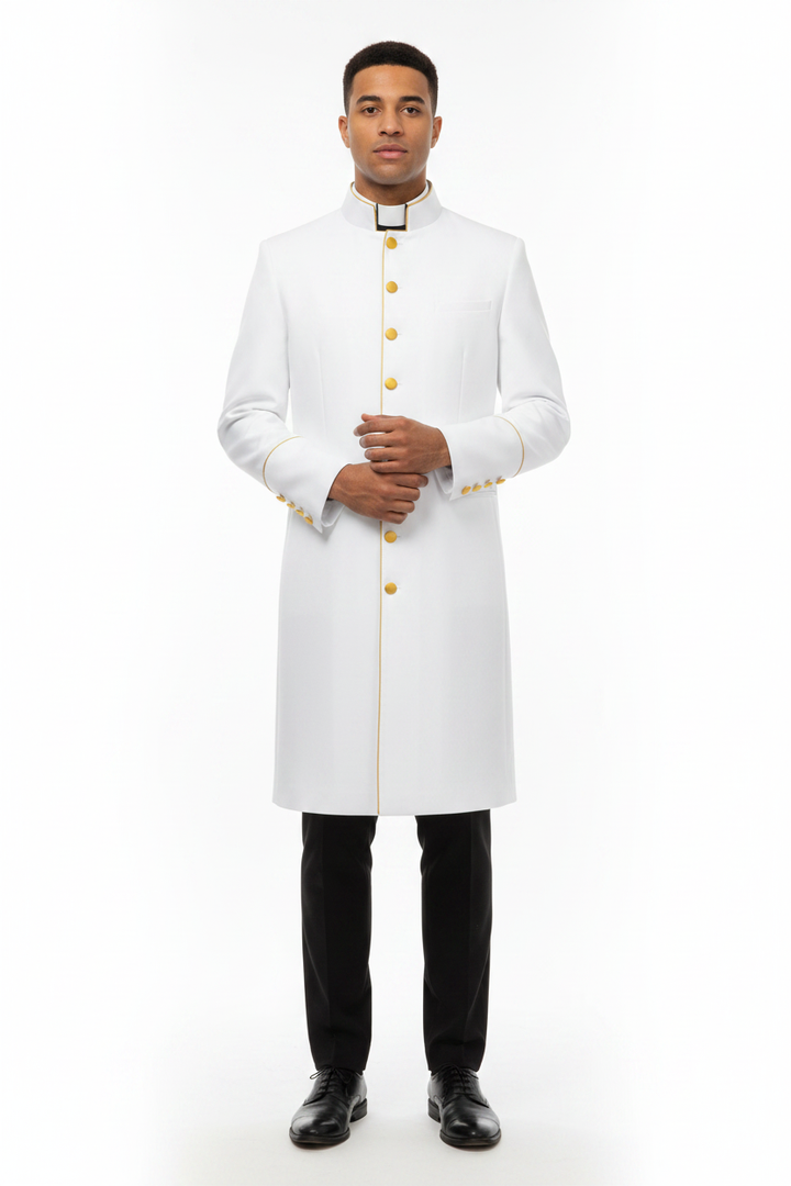 Male model wearing white clergy frock coat with gold trim and cuff buttons, full body front view, white background
