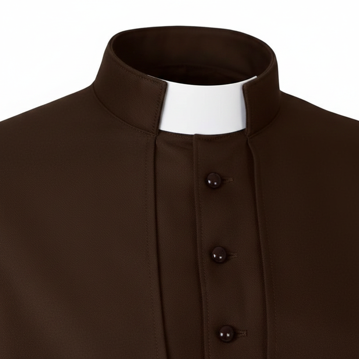 Close-up detail of dark brown clergy cape cassock robe showing stand collar clergy tab insert and shoulder cape edge, white background