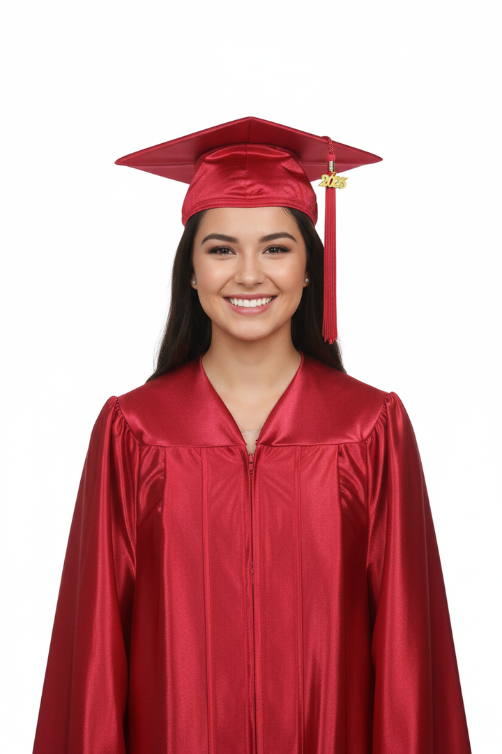 Shiny Red High School Cap and Gown - Model Display