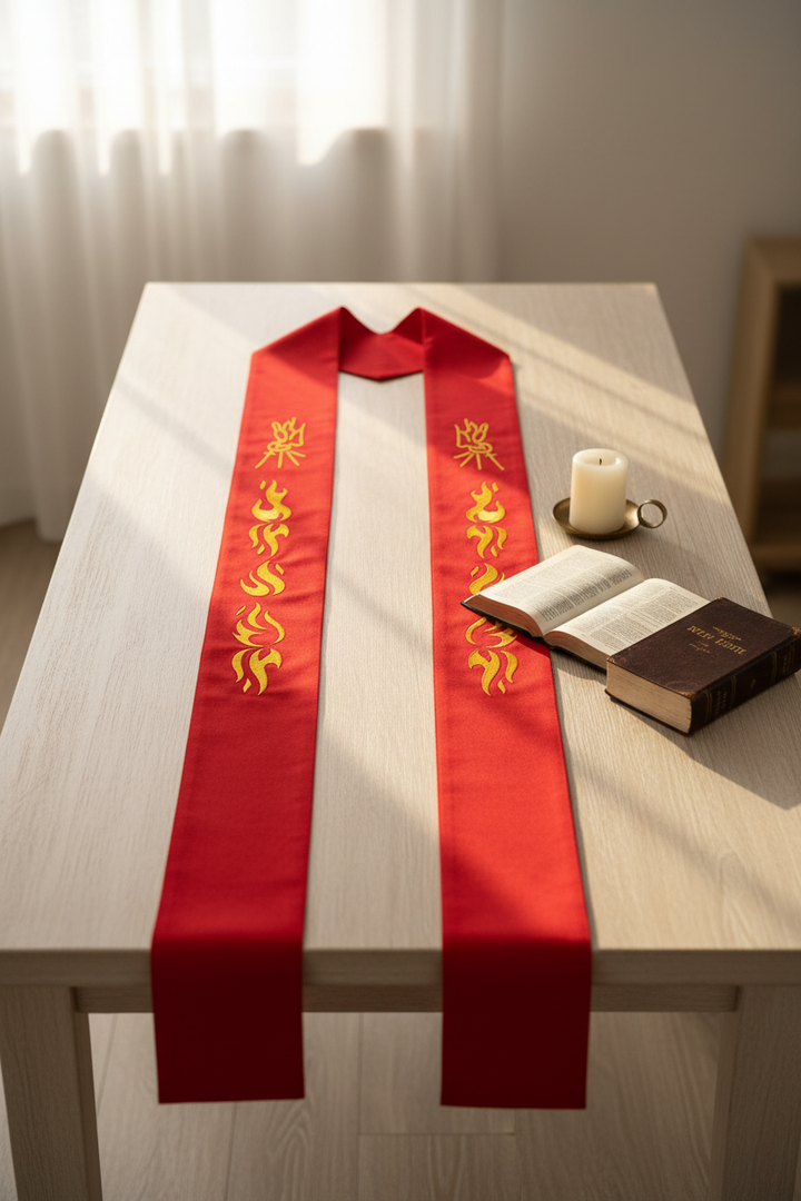 Red clergy stole with gold Holy Spirit dove and flame embroidery laid on wooden table with Bible and candle, natural light lifestyle photo