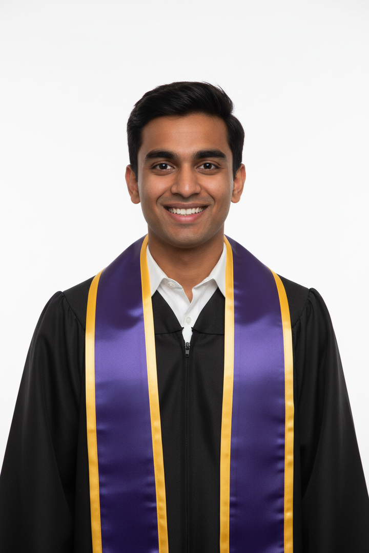 Purple Pointed Graduation Stole with Gold Trim model display