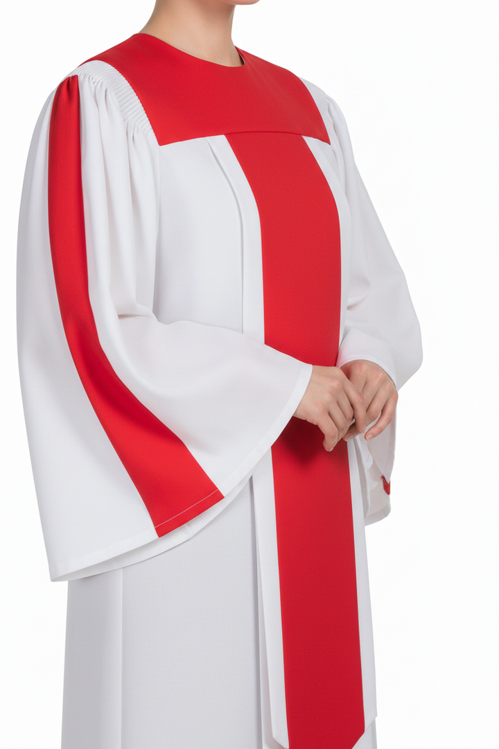 Two-Tone Choir Robe White & Red | Center Panel & Sleeve Trim | Church Choir Stage Graduation Cosplay | M-XXXL | 1000g