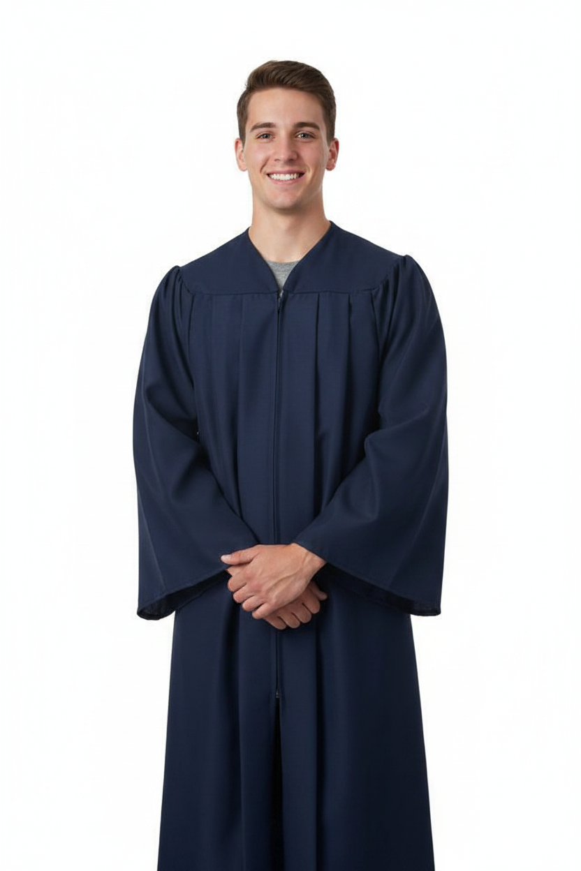 Matte Navy Blue High School Gown - Model Display