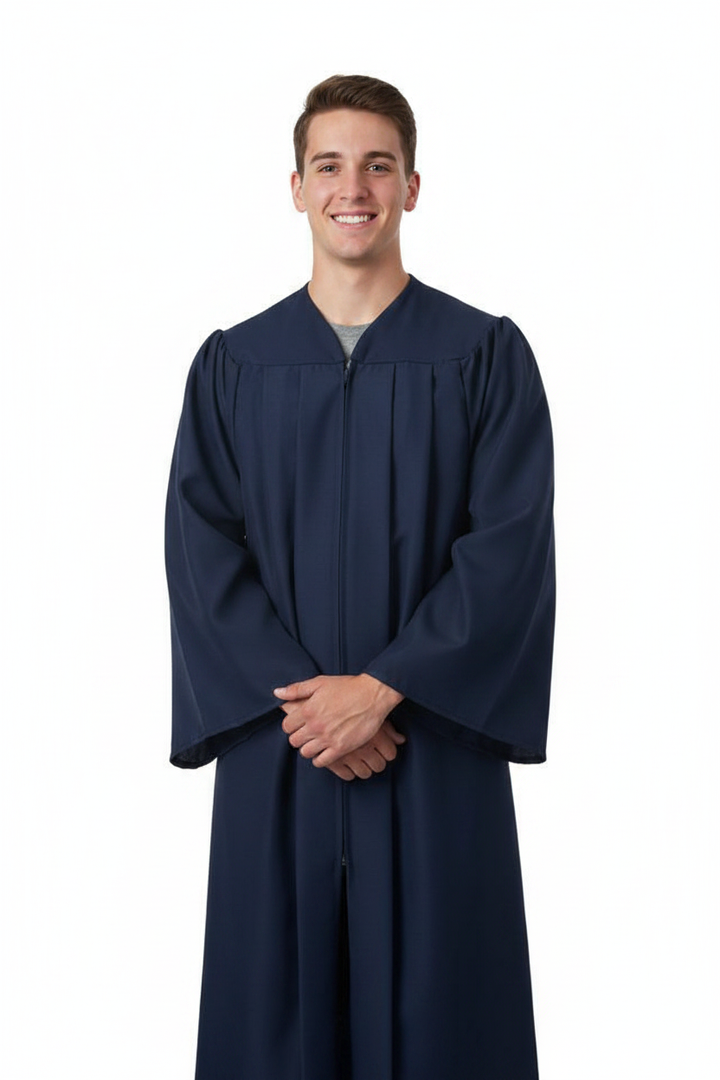 Matte Navy Blue High School Gown - Model Display