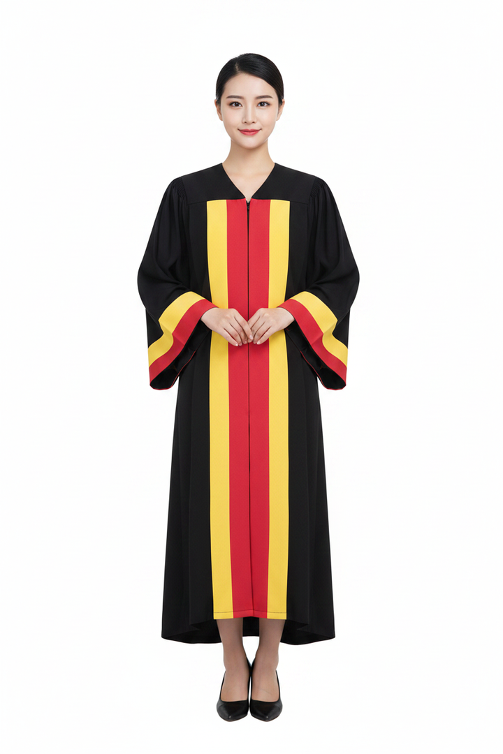 Female model wearing black choir robe with red and gold trim, full body front view, white background