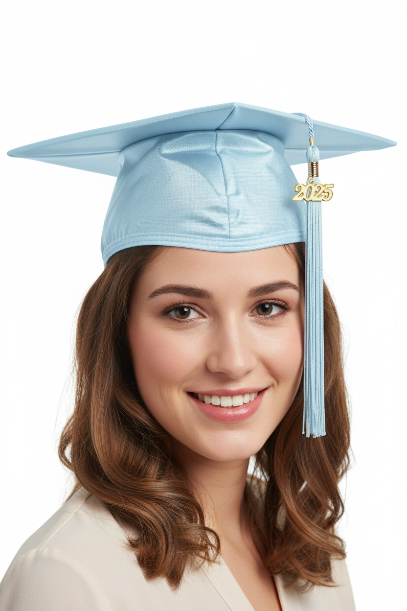 Shiny Light Blue High School Cap & Tassel - Model Shot