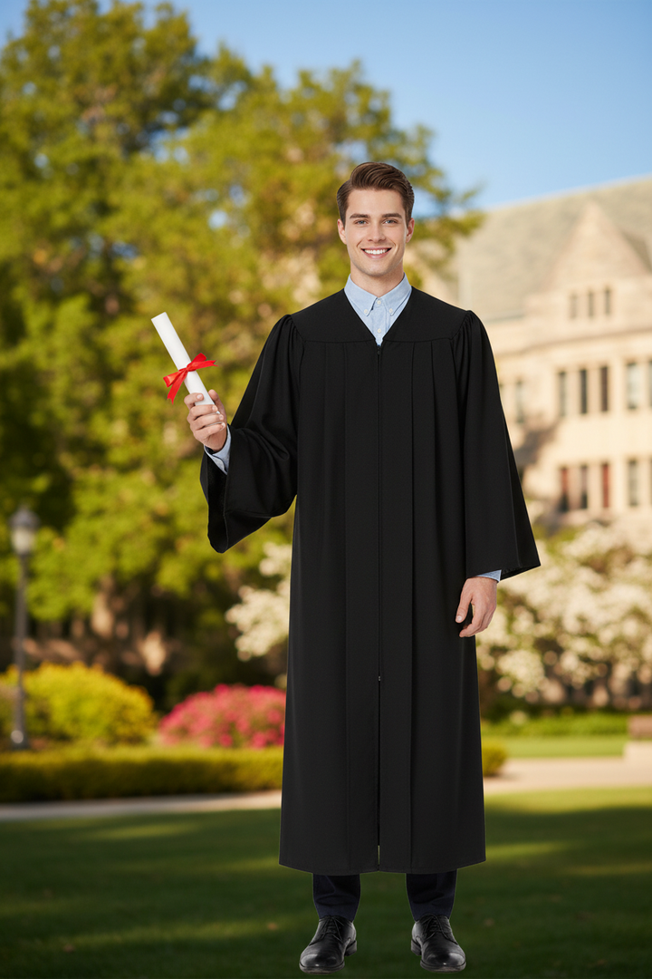 Male graduate in black economy master gown celebrating on university campus