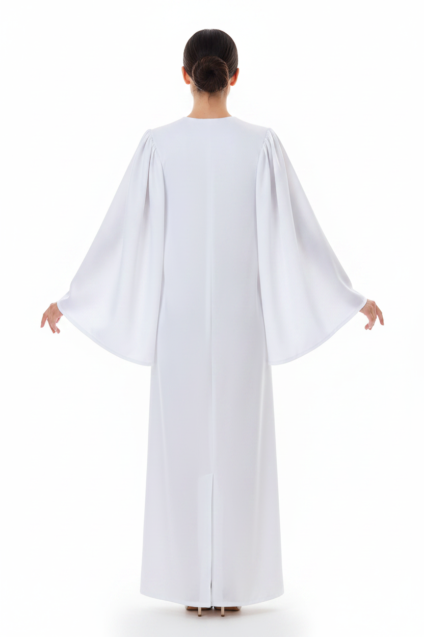 Female model wearing white satin choir gown showing back view, wide bell sleeves, white background
