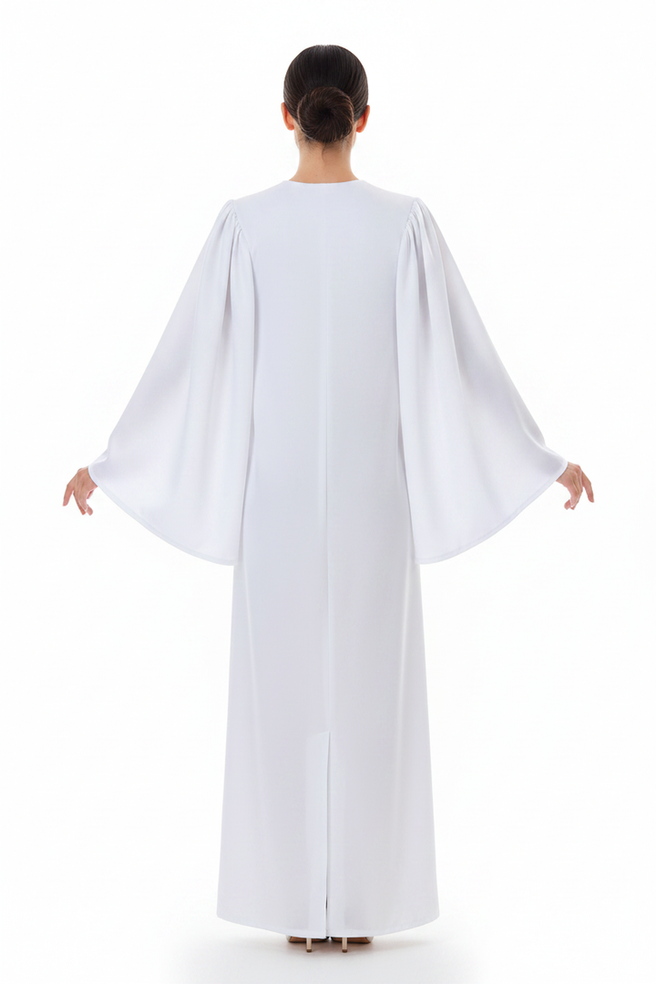 Female model wearing white satin choir gown showing back view, wide bell sleeves, white background