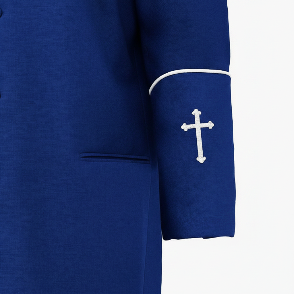 Close-up detail of sky blue clergy cassock robe cuff with white cross embroidery and white piping trim