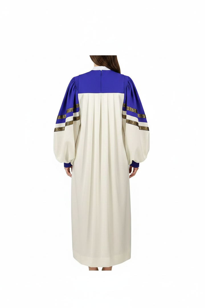Female model wearing ivory and royal blue choir robe with gold brocade trim sleeves, full body back view, white background