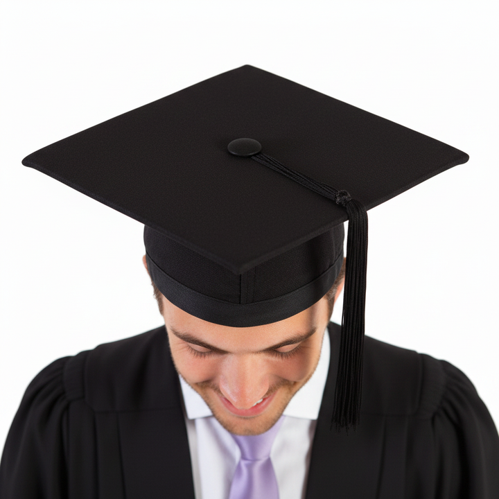Black Academic Mortarboard Hat - Premium Felt and Gold Button Tassel Detail