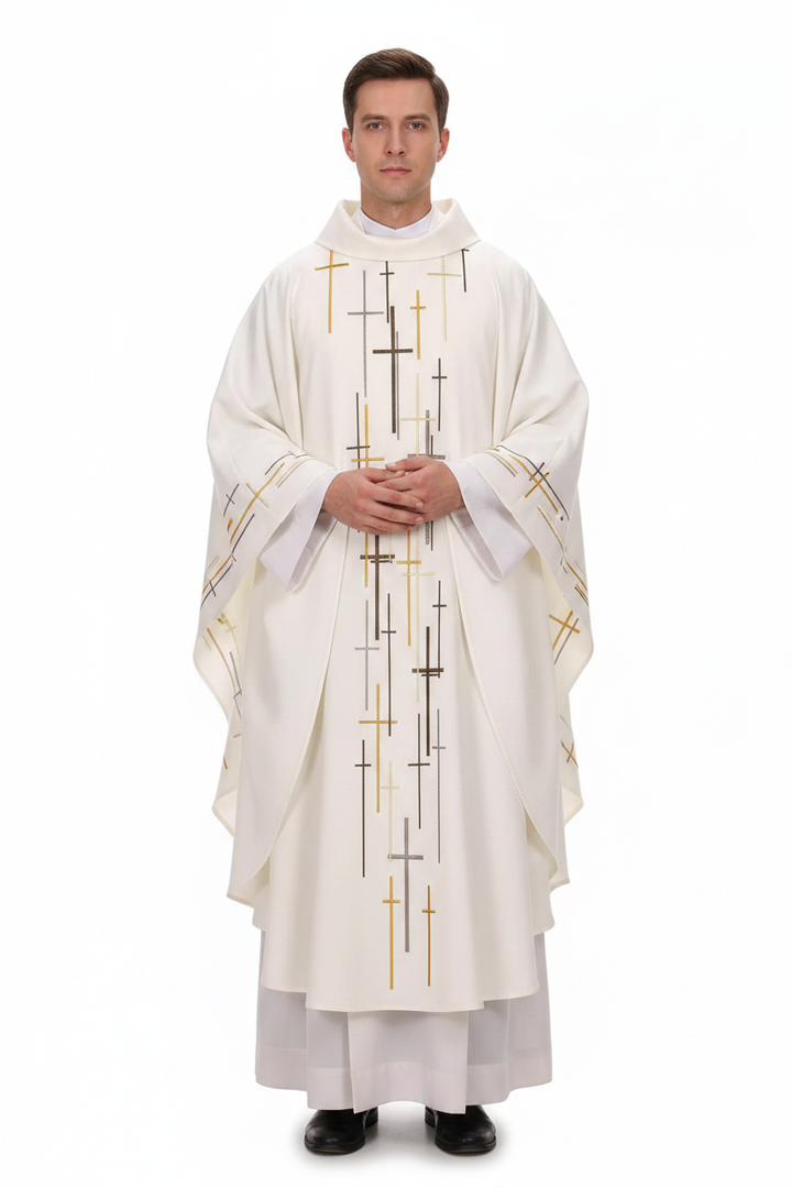 Male model wearing white Catholic chasuble vestment with scattered multi-color cross print, full body front view, white background