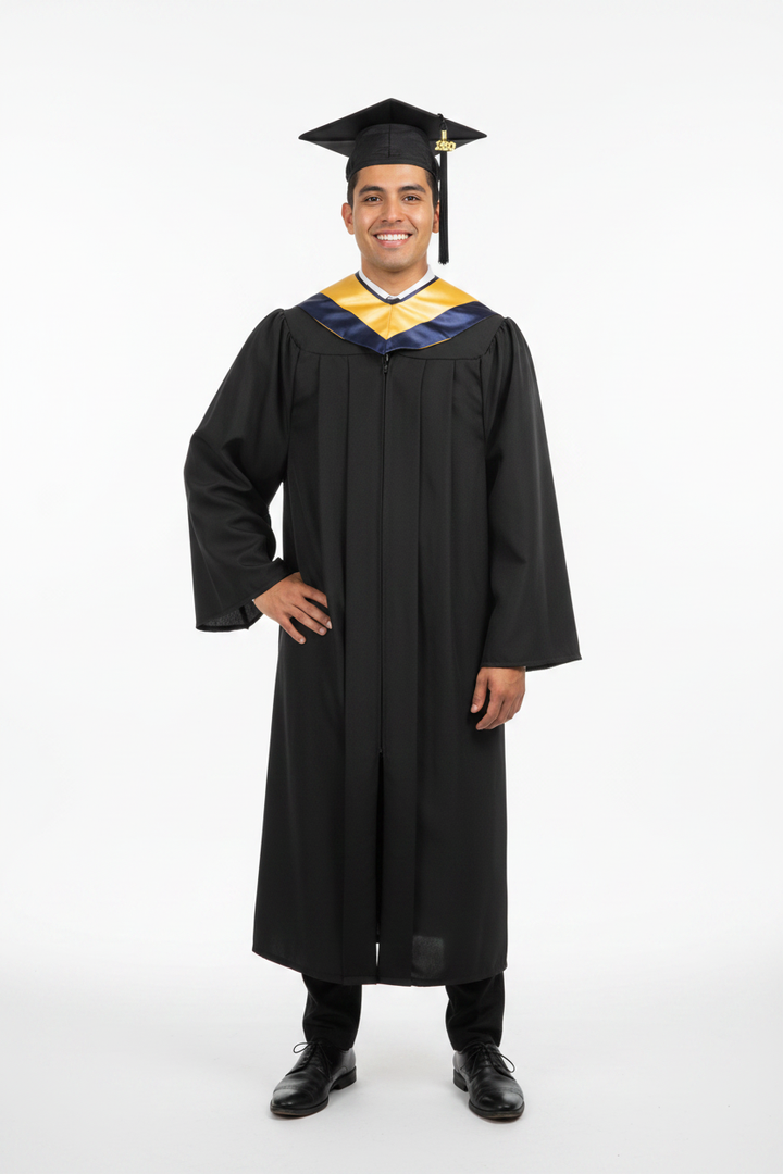 Matte Black Associates Cap, Gown & Hood Package model display