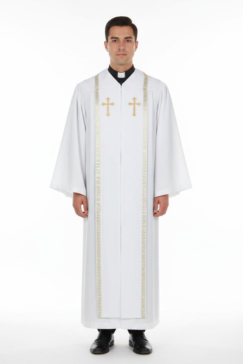 Male model wearing white clergy choir robe with gold cross badges and brocade stole trim, full body front view, white background