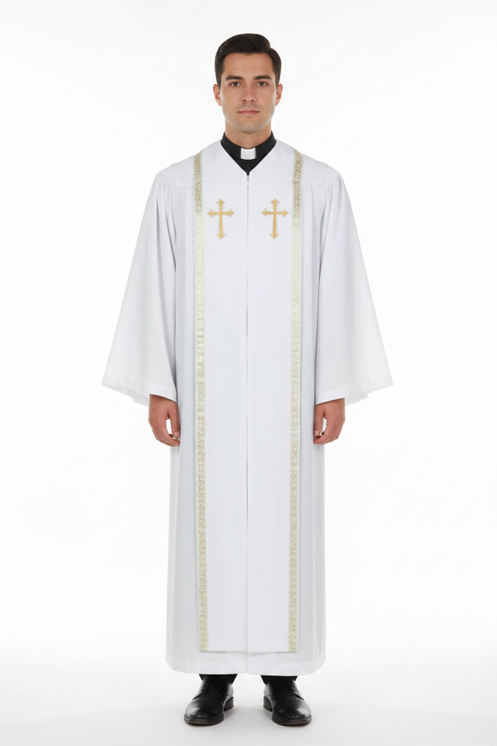 Male model wearing white clergy choir robe with gold cross badges and brocade stole trim, full body front view, white background