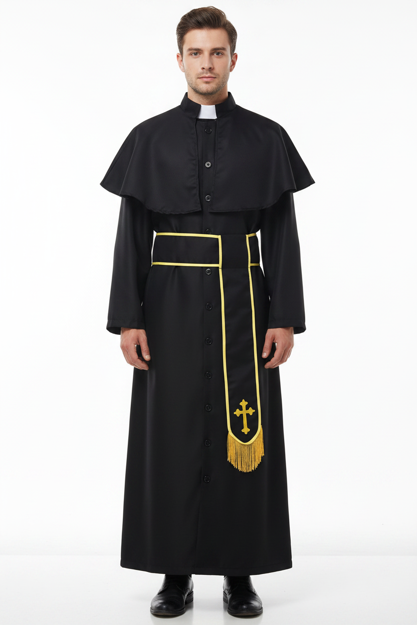 Model wearing black priest cassock with cape collar and gold stole, full body front view, white background