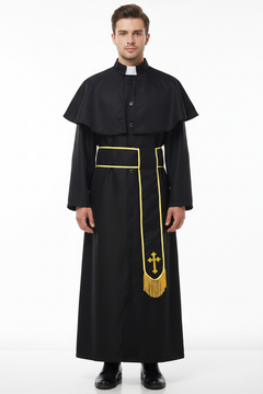 Black Catholic Priest Cassock with Cape Collar & Gold Stole | Clergy Vestment Set | S-XXL