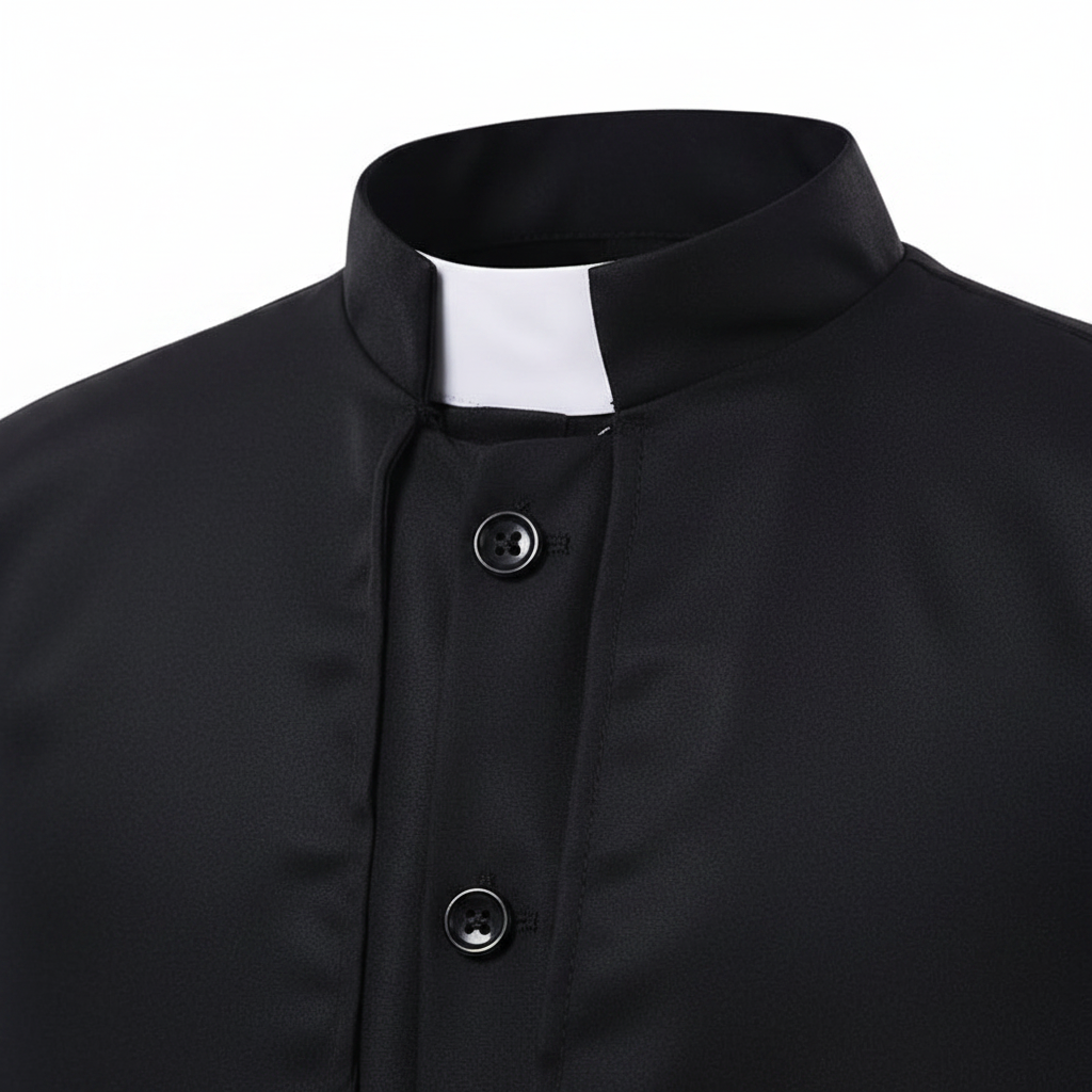 Close-up detail of black priest cassock showing cape collar and white clerical collar insert, white background