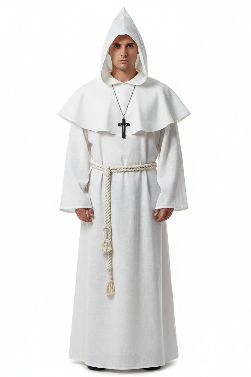 Male model wearing white medieval monk hooded robe full body front view, white background