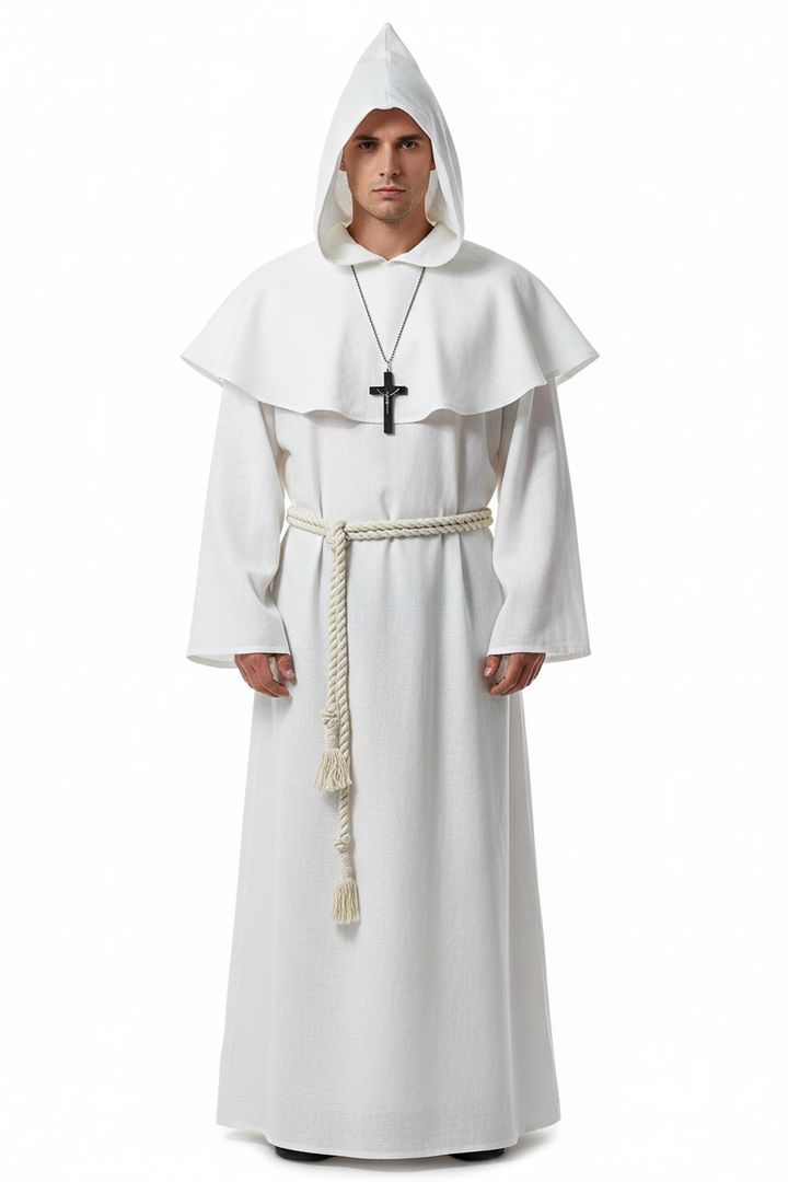 Male model wearing white medieval monk hooded robe full body front view, white background