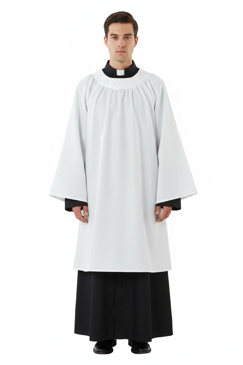 Model wearing black matte cassock inner wear robe layered under white matte choir robe with bell sleeves, full body front view showing both layers, white background