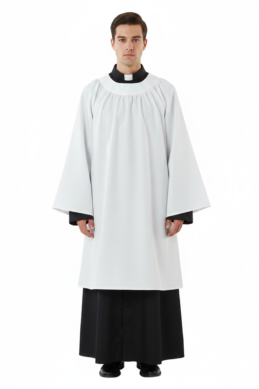 Model wearing black matte cassock inner wear robe layered under white matte choir robe with bell sleeves, full body front view showing both layers, white background