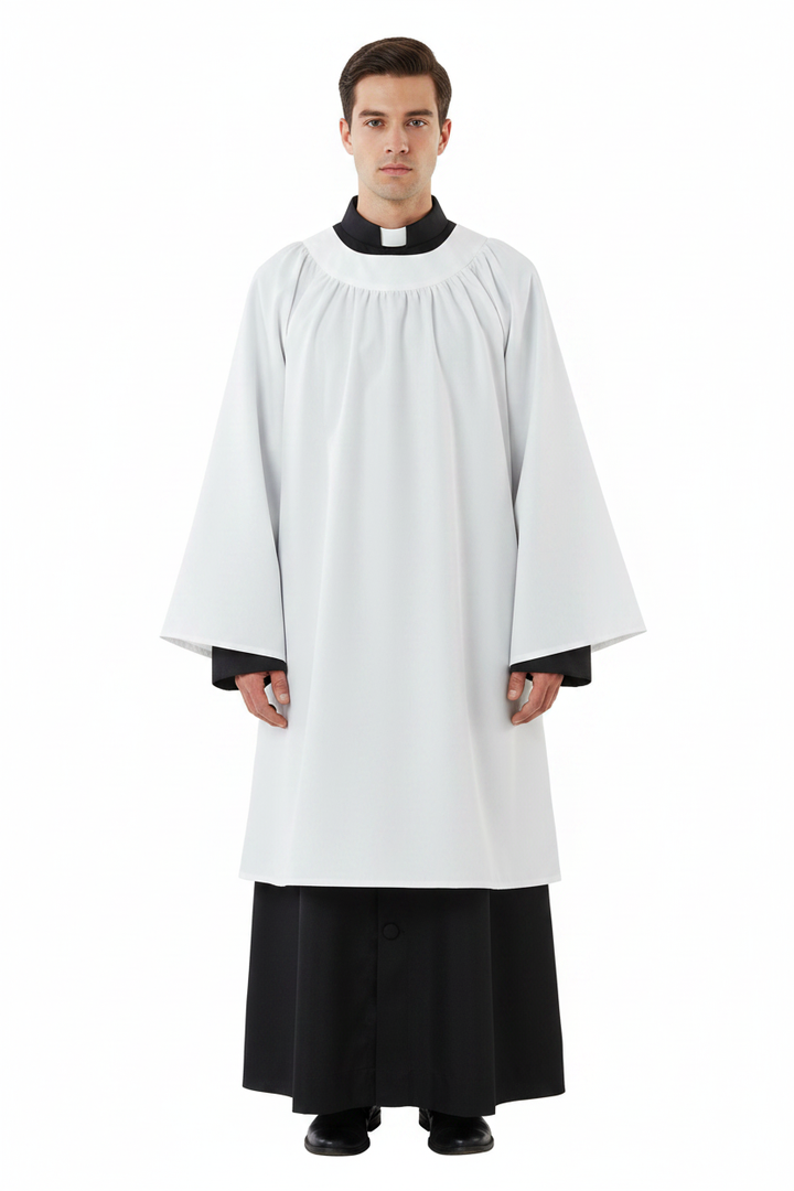 Model wearing black matte cassock inner wear robe layered under white matte choir robe with bell sleeves, full body front view showing both layers, white background