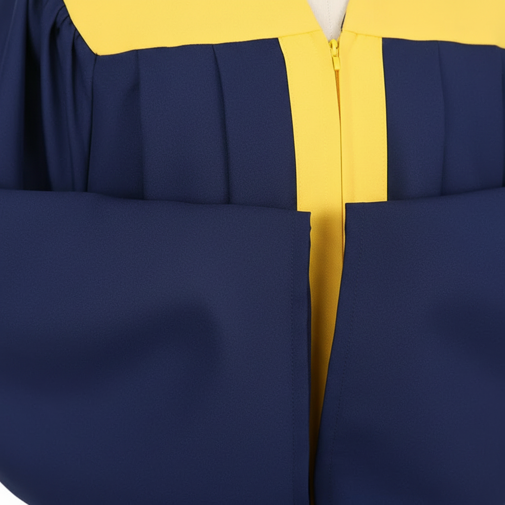 Close-up detail of navy blue choir robe sleeve and contrast yellow-gold panel, macro shot, white background