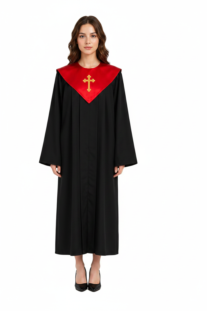Female model wearing black choir robe with red V-yoke collar and cross embroidery, full body front view, white background