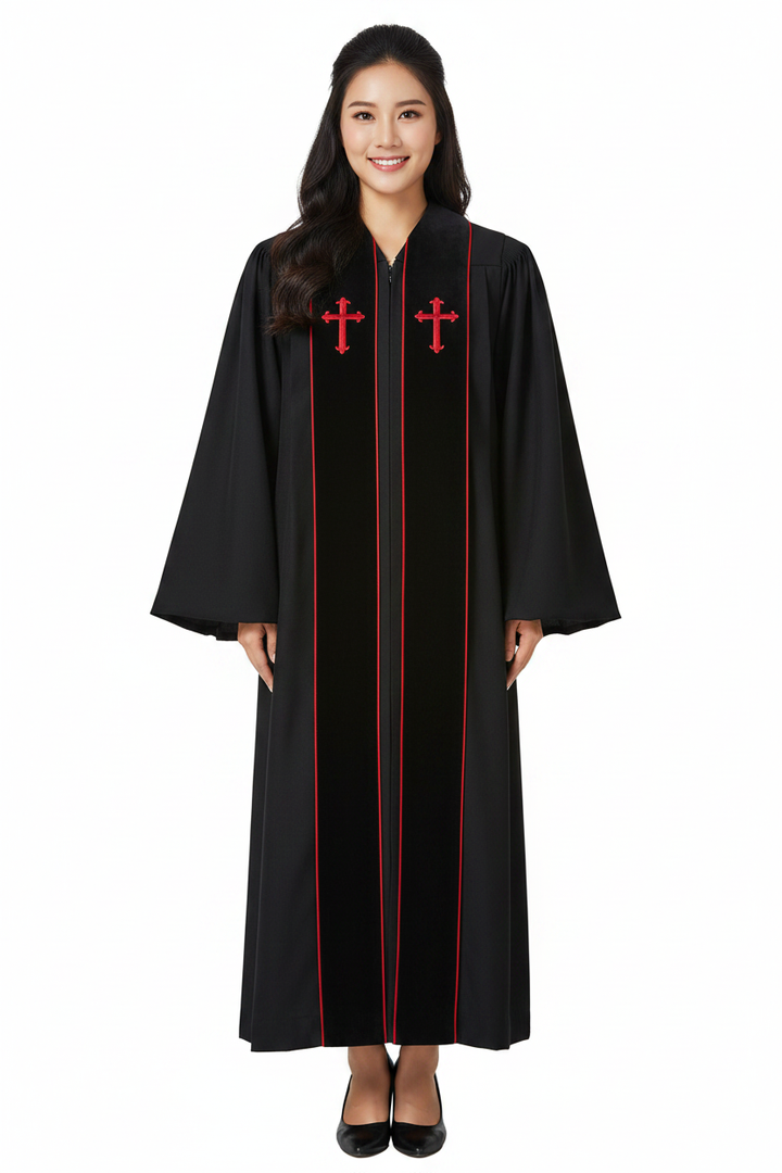 Premium Custom-Embroidered Clergy Robe - Black with Red Trim