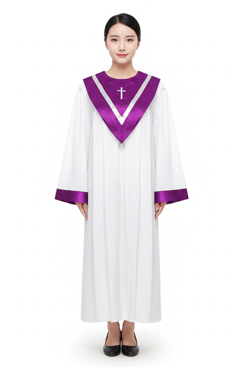 Model wearing White and Purple Choir Robe with Embroidered Cross