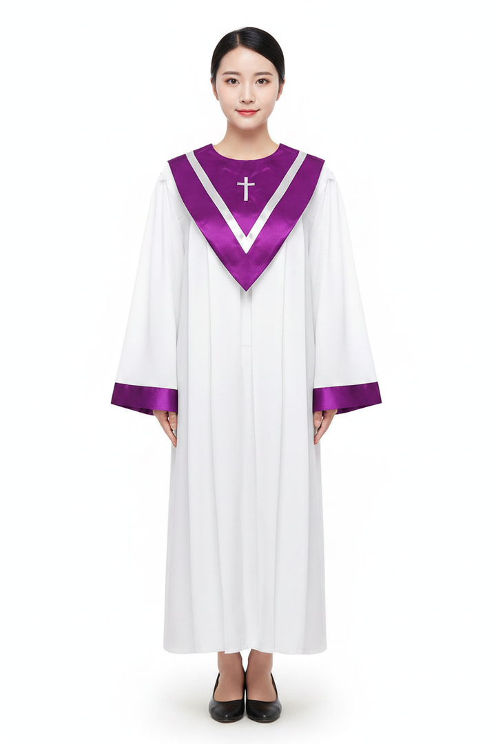 Model wearing White and Purple Choir Robe with Embroidered Cross