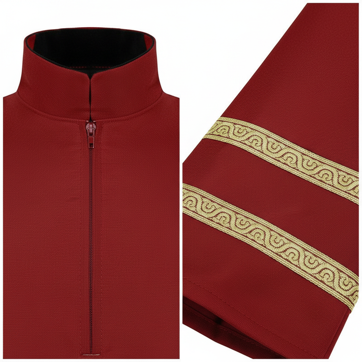 Close-up detail of burgundy red choir robe showing stand collar zipper and double gold braid trim on sleeve cuff, white background