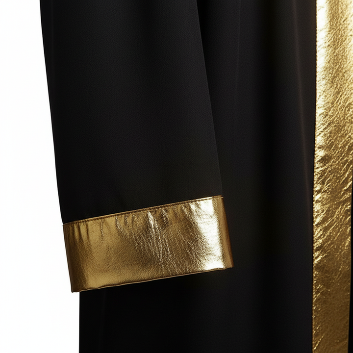 Close-up detail of black choir robe sleeve with wide metallic gold cuff trim band, macro shot, white background