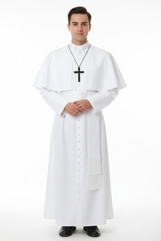 Male model wearing white Pope cassock robe with shoulder cape and cross pendant necklace, full body front view, white background