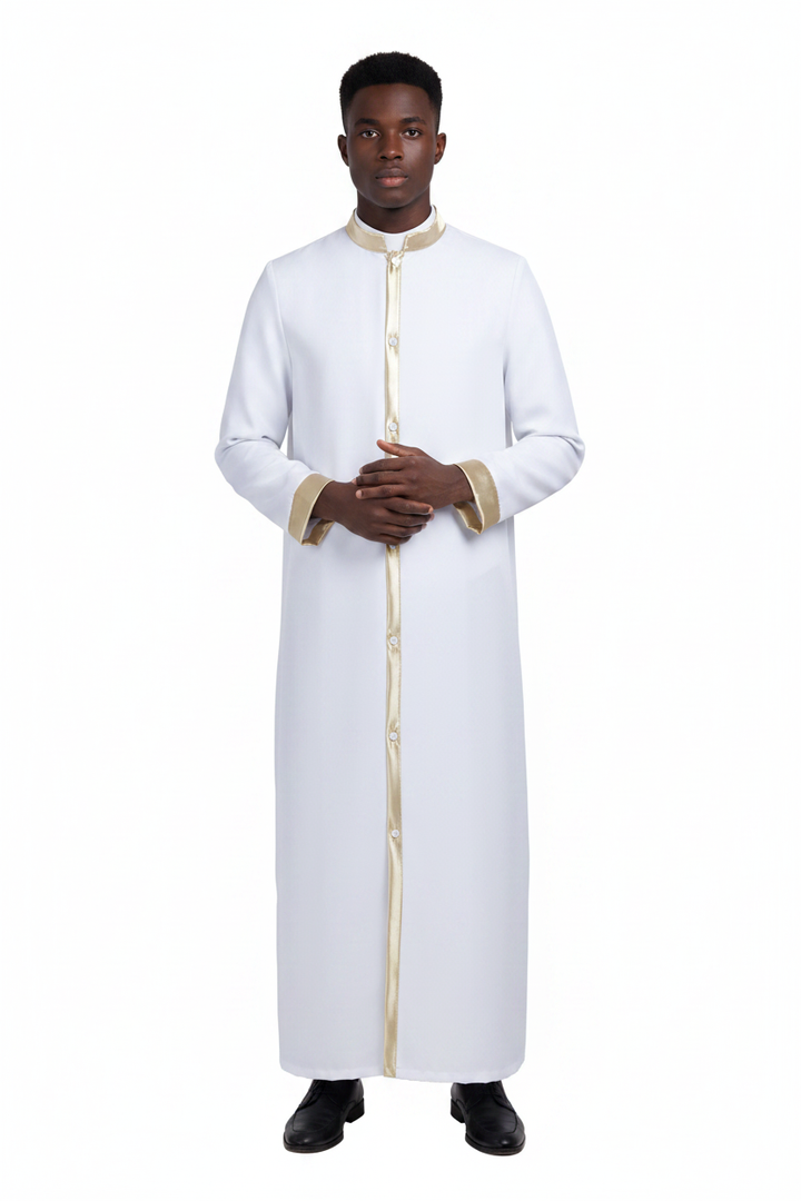 Male model wearing white clergy robe with gold trim, full body front view, white background
