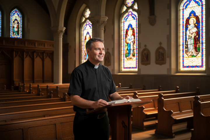 Pastor in black short sleeve clergy shirt giving sermon at church pulpit