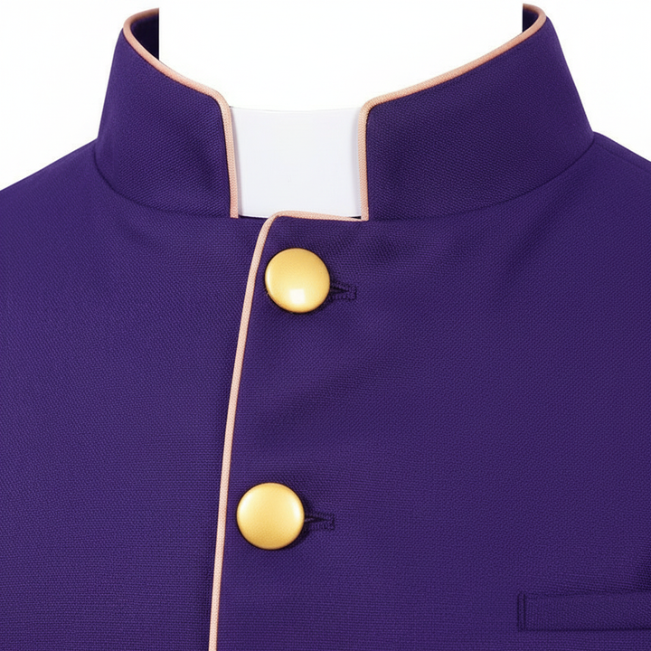 Close-up detail of purple clergy frock coat stand collar with clergy tab and gold piping trim, white background